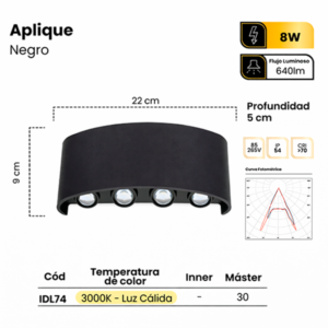 APLIQUE NEGRO LED UP DOWN 22 X 9