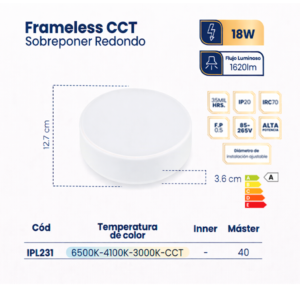 PANEL LED FRAMELESS 18W REDONDO CCT